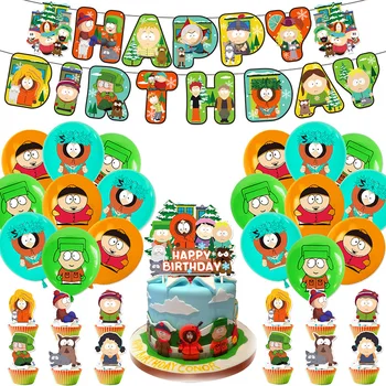 1 комплект Игровой тематики South Parkes, украшения для вечеринки в честь Дня рождения, Двери, Латексные воздушные шары, баннер, флаг, топперы для торта, принадлежности для вечеринки