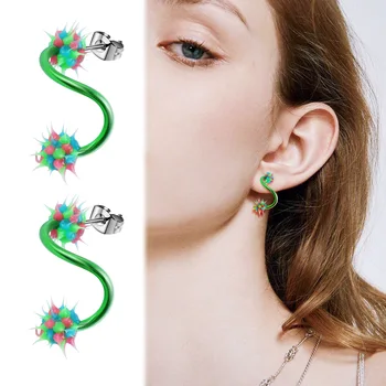 1 Пара Зеленых S-образных сережек-шпилек Спиральные серьги-шарики из нержавеющей стали, Силиконовые серьги-шарики, Креативные украшения для пирсинга ушей