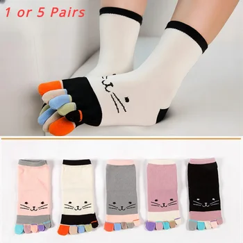 1 Пара хлопчатобумажных носков для женщин и девочек, короткие носки с пятью пальцами, милые кошачьи кавайные носки с носками из мультфильма Харадзюку, хлопок