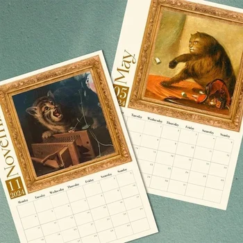 2024 Странный Средневековый Календарь Кошек Cats Wall Calendar Эстетичный Настенный Календарь на 12 Месяцев, Подвесной 11,4x8,2 Дюйма, Подарки для Друзей