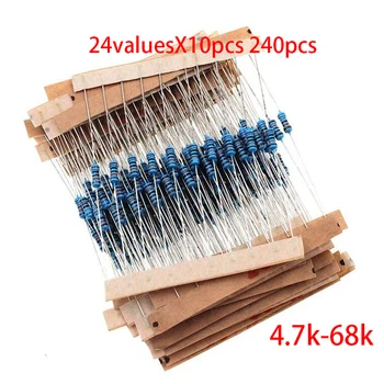 24valuesX10pcs 240pcs 1/4 Вт 0,25 Вт 1% 4,7 k-68k Комплект компонентов металлического пленочного резистора