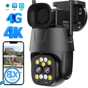 4G Sim-карта IP-Камера 4K 8MP Двойной Объектив С 8-Кратным Зумом WIFI Беспроводная PTZ-Камера 4MP AI Автоматическое Отслеживание Камеры Безопасности Наблюдения