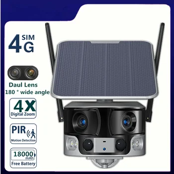 4G Sim-карта/WIFI 180 ° Сверхширокий угол обзора Солнечная камера Наружная 8-мегапиксельная камера безопасности с двойным объективом и 4-кратным зумом для обнаружения человека