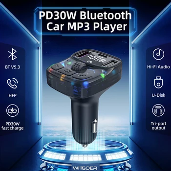 Bluetooth 5.3 Автомобильное зарядное устройство Громкой связи MP3 Музыкальный плеер Автомобильное радио FM-передатчик 30 Вт PD Type C С двумя портами USB Быстрое зарядное устройство