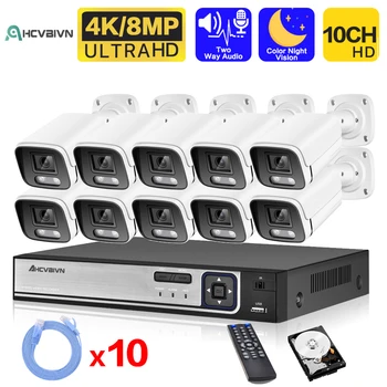 H.265 8CH 10CH 8MP POE NVR Комплект Системы Видеонаблюдения 4K Ultra HD IP-Камера Наружная Водонепроницаемая Цветная Система Ночного Видения Vidio Surveillance Set