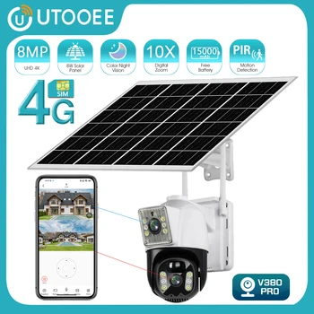 UTOOEE 4K 8MP 4G Двухобъективная PTZ Солнечная Камера С Двойным Экраном PIR Обнаружение Человека Наружная Батарея WIFI IP-Камера Видеонаблюдения