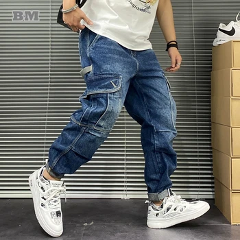 Американская уличная одежда, винтажные джинсы-карго с несколькими карманами, мужская одежда, японский тренд Harajuku, повседневные джинсовые укороченные брюки, мужские