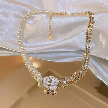Белые цветочные хрустальные ожерелья-чокеры для женщин, Жемчужные цепочки, ожерелья со стразами, Свадебные украшения