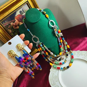 Винтажное ожерелье из разноцветного дерева с натуральным покрытием, серебряные серьги-гвоздики с хрустальной бахромой для женщин, набор украшений для вечеринки