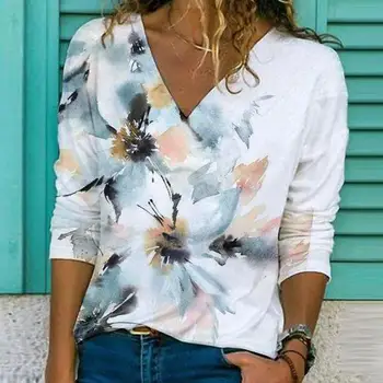 Винтажные футболки с цветочным принтом в стиле ретро для женщин, женские осенние новые повседневные уличные топы с V-образным вырезом и длинным рукавом