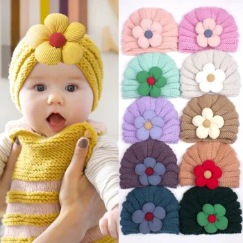 Детская теплая вязаная шапка с цветочным рисунком, шапка из шерстяной пряжи, кепка для девочек, кепка-Пи-Пи, Модные головные уборы