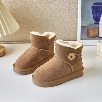 Детские зимние ботинки 2024 г., зимняя детская теплая меховая обувь, ботильоны из натуральной кожи для девочек, Короткие ботинки для мальчиков в классическом стиле, Размер 22-37