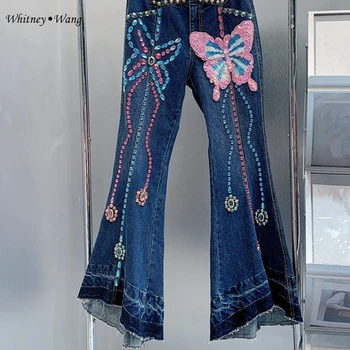 Дизайнерский стиль WHITNEY WANG 2023, Весенняя уличная мода, Кристаллы, блестки, бисероплетение, джинсы с разрезом в виде бабочки, женские джинсовые брюки