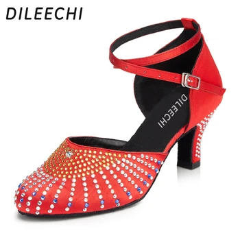 ДИЛИЧИ Ирен Туфли для латиноамериканских танцев женские взрослые атласные танцевальные туфли с бриллиантами квадратные женские танцевальные туфли обувь для бальных танцев