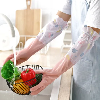 Длинные перчатки из бархата с цветочным рисунком, бытовые перчатки, противоскользящие перчатки для мытья посуды в домашних условиях