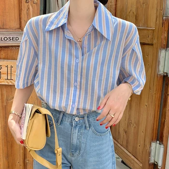 Женская рубашка JMPRS из 100% хлопка, Летние Модные Корейские рубашки в полоску с коротким рукавом, повседневные Свободные Женские топы на пуговицах 