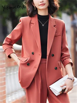 Женские блейзеры Yitimuceng 2023, повседневные пальто с длинным рукавом и отложным воротником, Однотонные офисные женские двубортные куртки с разрезом.