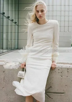 Женское белое вечернее платье с блестками, новое длинное облегающее платье с роскошными рукавами из перьев в стиле Celebritystyle