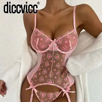 Женское боди Diccvicc с вышивкой в виде сердца, Розовое Прозрачное кружевное нижнее белье, сексуальное модное интимное нижнее белье, экзотическая одежда