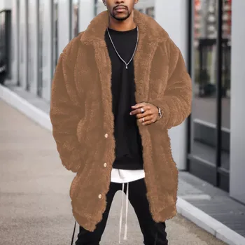 Зимнее мужское пушистое флисовое толстое теплое пальто, куртка с капюшоном, пальто с длинным рукавом, плюшевая застежка на пуговицы, утепляющая теплое мужское пальто, верхняя одежда
