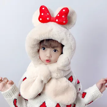Зимний детский шарф со встроенной шапкой, теплая детская шапка с героями мультфильмов, шапка для защиты ушей в корейском стиле для мальчиков и девочек, милая детская шапка.