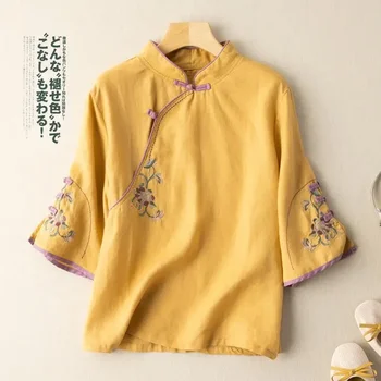 Китайский костюм эпохи Тан, Рубашка, Хлопчатобумажная льняная блузка с вышивкой, Женская тонкая футболка в национальном стиле, Винтажные элегантные традиционные топы Hanfu