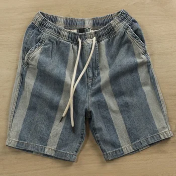 Летние модные мужские свободные джинсовые шорты American sand wash trend с вертикальной полосой и эластичным поясом, повседневные ленивые пятиточечные шорты