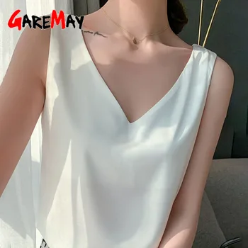 Лето 2024, Красивые женские блузки, Элегантная базовая шифоновая блузка с V-образным вырезом, атласная блузка большого размера, повседневные шелковые белые блузки для женщин