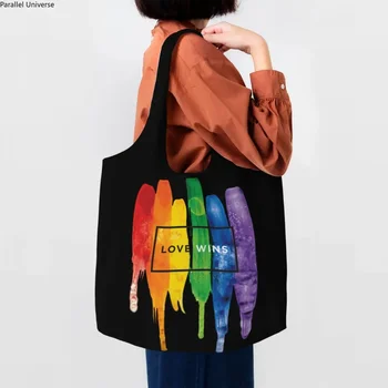 Любовь побеждает Радужную ЛГБТ-хозяйственную сумку, женскую холщовую сумку-тоут, прочную сумку для гей-прайда, сумки для покупок для лесбиянок, подарок для покупок