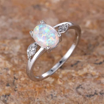 Милое обручальное кольцо с хрустальным листом, Белый Огненный опал, кольца с овальным камнем Для женщин, Изящное обручальное кольцо серебристого цвета, Минималистичные украшения