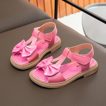 Милые сандалии с Y-образным ремешком и бантом для маленьких девочек, детская пляжная обувь, розовые сандалии принцессы, летние сандалии на плоской подошве от 6 до 12 лет для девочек