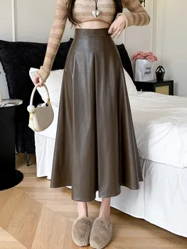 Модная осенне-зимняя юбка из искусственной кожи, женская винтажная Черная юбка Миди из искусственной кожи, элегантная коричневая плиссированная юбка трапециевидной формы с высокой талией