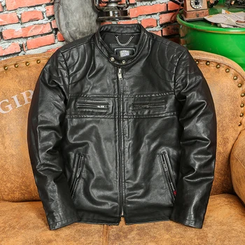 Мотоциклетная кожаная куртка из кожи буйвола растительного дубления, облегающий мотоциклетный костюм с воротником-стойкой, облегающий верхний слой,,