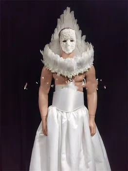 Мужской костюм для большого шоу в стиле ретро Bar GOGO white atmosphere palace с головным убором из перьев