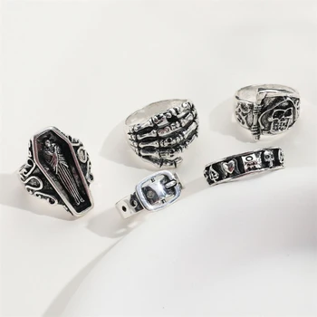Набор из 5 колец в стиле панк-религия, череп, готическое кольцо со скелетом, модные украшения