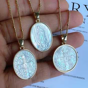 Натуральный Святой Дух и Благодать Перламутровый Кулон Ожерелье для Женщин Религиозные Медали Святой Бенедикт Подвески Ожерелье для Подарка