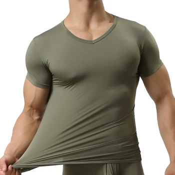 Новые мужские сексуальные футболки Ice Silk, однотонные мужские футболки с V-образным вырезом и короткими рукавами, топы, большие размеры S-XXL