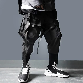 Новые уличные брюки-карго с несколькими карманами в полоску, тактические брюки в стиле харадзюку, пара модных темных уличных брюк в стиле хип-хоп