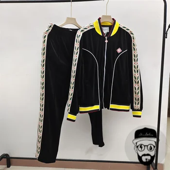Новый осенне-зимний комплект спортивной одежды из бархатной ткани Casablanca для мужчин и женщин с модной свободной курткой с вышивкой логотипа