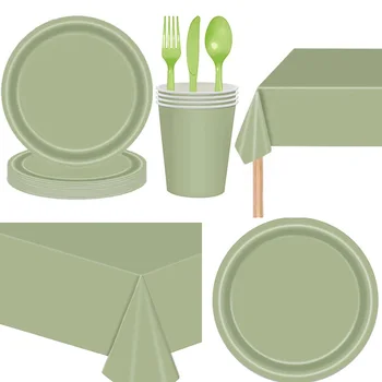 Однотонный Шалфейно-зеленый, Праздничные принадлежности, Одноразовая посуда, Сафари в джунглях, Бумажный стаканчик, Тарелка, Салфетка, Скатерть для детского душа