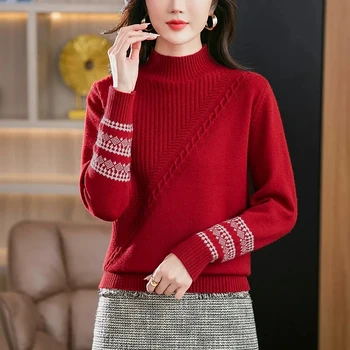 Осень и Зима 2024, Новый женский пуловер-свитер с полуприлегающим вырезом, удобный, универсальный, простой и теплый, свободный