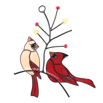Пара витражей с красными птицами Для украшения домашнего окна (две птицы на красном дереве)
