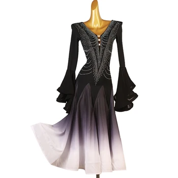 Платье для соревнований по бальным танцам, женское длинное платье с бриллиантовым градиентом, платье для выступлений в стиле Ча-танго, Самба, латиноамериканских танцев