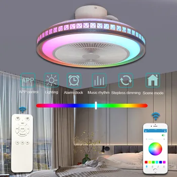 Потолочный вентилятор со светодиодной подсветкой Безлопастное приложение с дистанционным управлением RGB Потолочный светильник с Bluetooth динамиком Бесшумная люстра с регулируемой яркостью