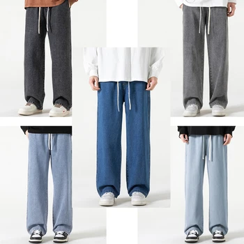 Прямые брюки из эластичного денима с карманами, деловые повседневные брюки, винтажные джинсы для мужчин свободного покроя, повседневная уличная одежда, мужская одежда