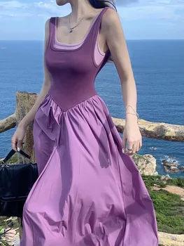 Специальное предложение 2023 Весенне-летнее женское платье, однотонное, из искусственных двух частей, со свисающими бретелями, Новое фиолетовое длинное платье High Sense Open B