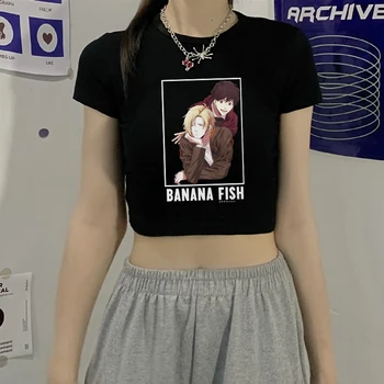 Футболки Y2K в стиле аниме Харадзюку, одежда с банановой рыбкой, футболка, женская футболка в стиле хип-хоп, панк, летняя Свободная футболка в стиле Каваи, готический укороченный топ