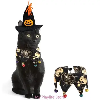 Шарф для кошки на Хэллоуин, костюм тыквы, вечерние собаки, шейный платок, воротник, нарядная одежда, фестивальный костюм, Фото наряда